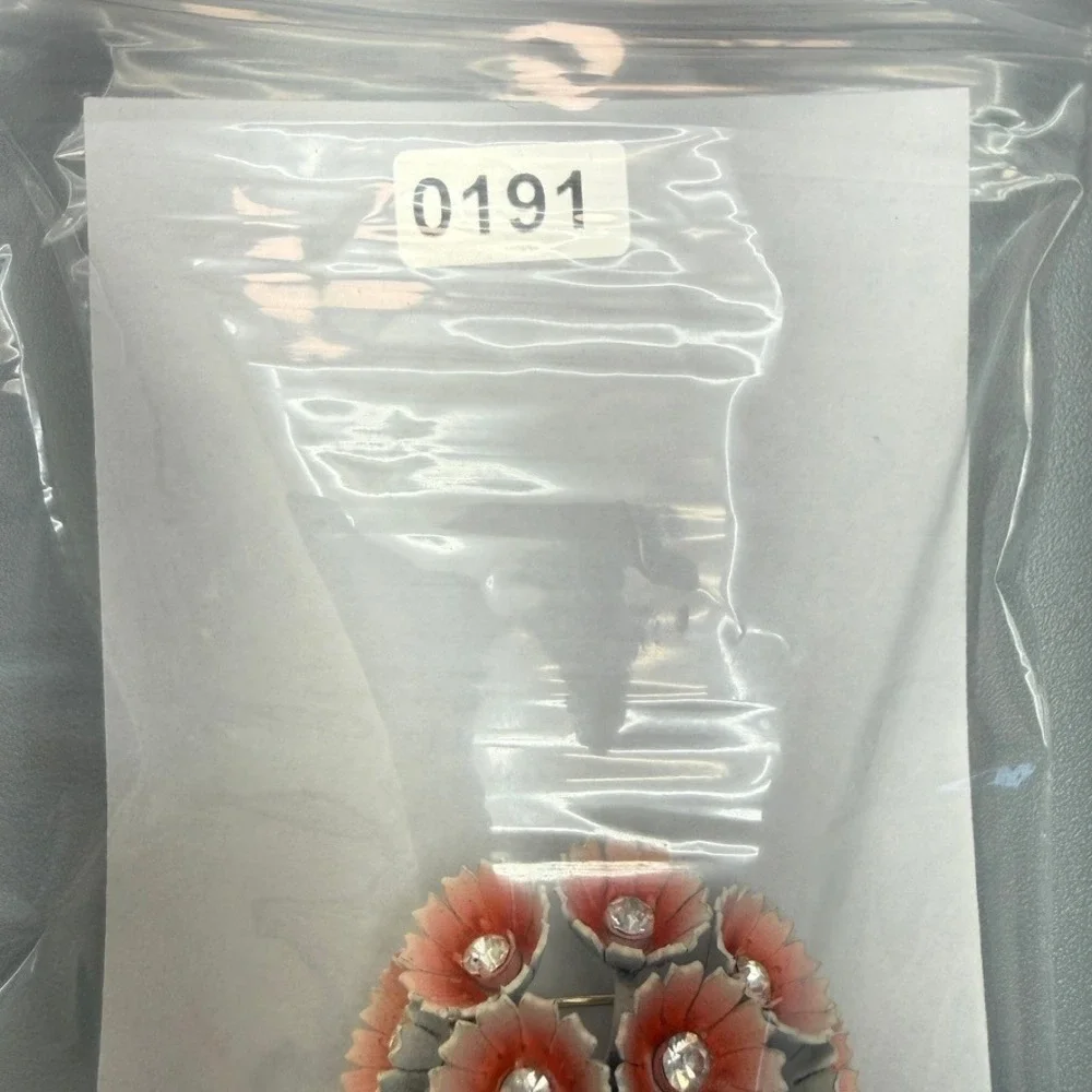 Vintage Corocraft Enamel Flower Brooch‎ Coral Color Rhinestones Spring Summer